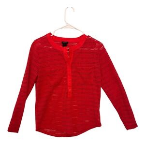 Ann Taylor Womens Red Eyelet Knit Henley Blouse Long Sleeve XS 11-359555 capsule